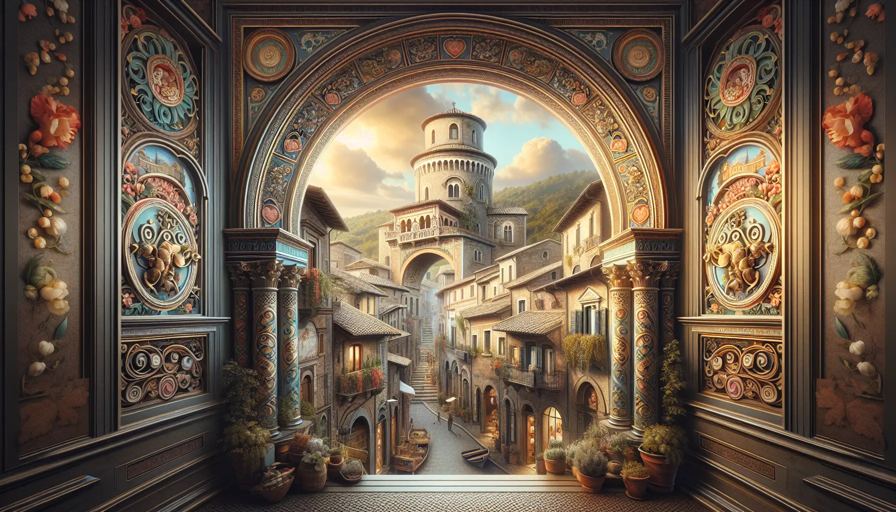 Vista panoramica di Ronciglione con il lago di Vico sullo sfondo e le antiche mura medievali che circondano il borgo.