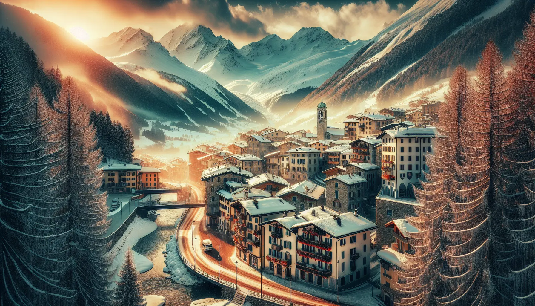 Panorama delle Alpi con Bormio sullo sfondo, evidenziando le piste da sci e le terme.