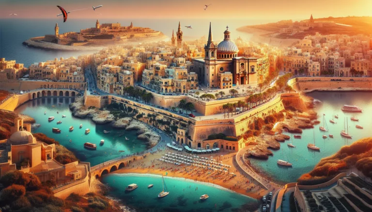 Panorama delle acque cristalline di Malta con una spiaggia sabbiosa e un cielo azzurro