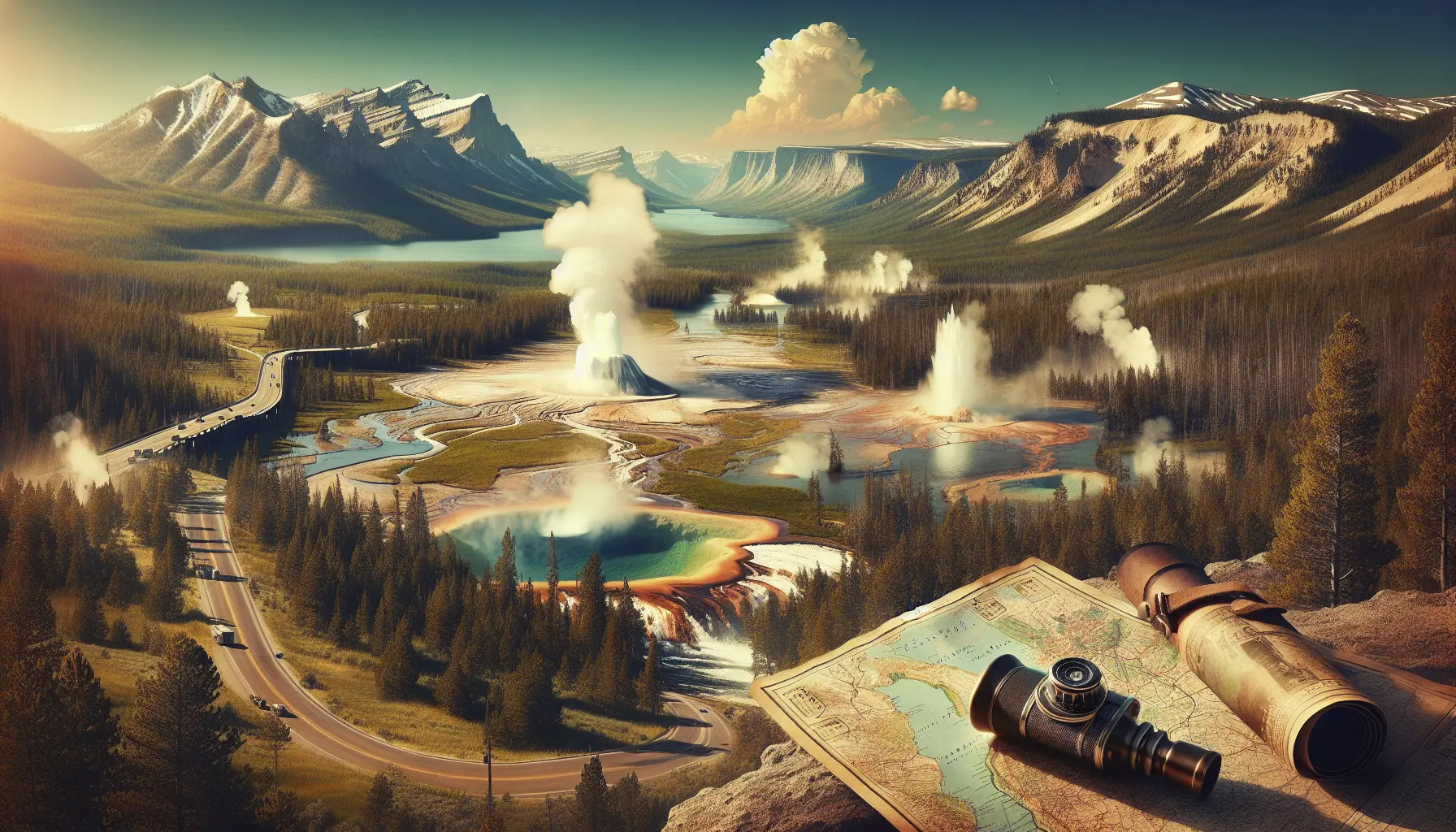 Panorama di Yellowstone National Park con geyser e fauna selvatica