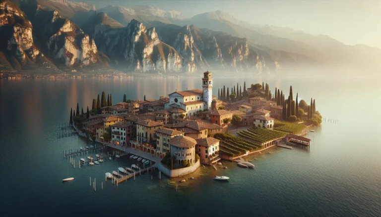 Vista panoramica di Bardolino con il Lago di Garda sullo sfondo e vigneti verdi che si estendono sulle colline.