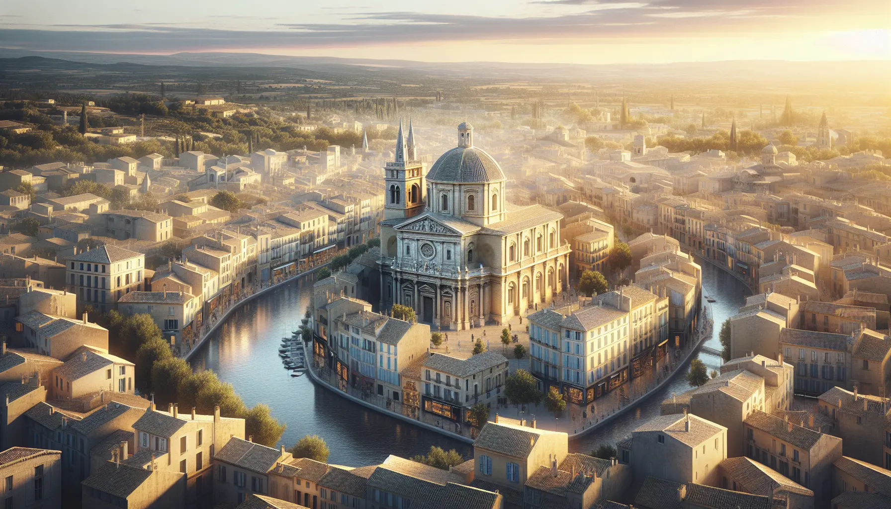Vista panoramica della Cattedrale di Saint-Nazaire a Béziers, Francia, con il fiume Orb in primo piano.