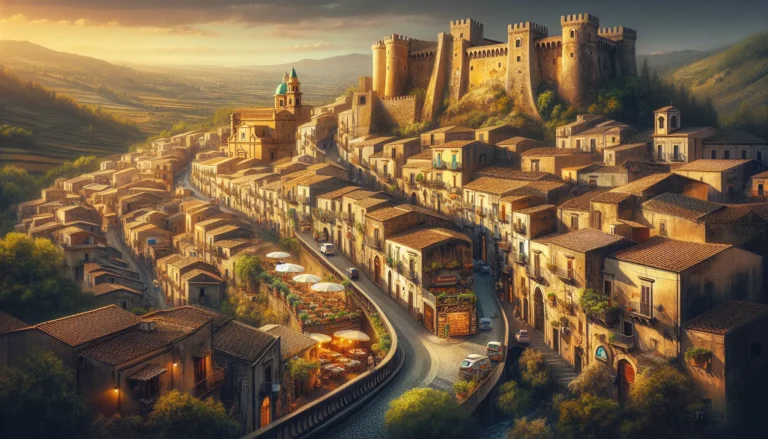 Vista panoramica di Castelbuono con il castello medievale sullo sfondo e i vicoli storici in primo piano.