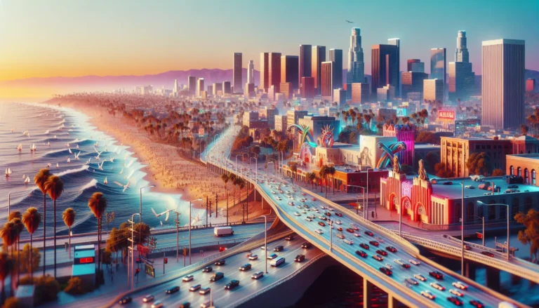 Panorama di Los Angeles con il famoso Hollywood Sign sullo sfondo e palme che si ergono lungo una strada soleggiata.