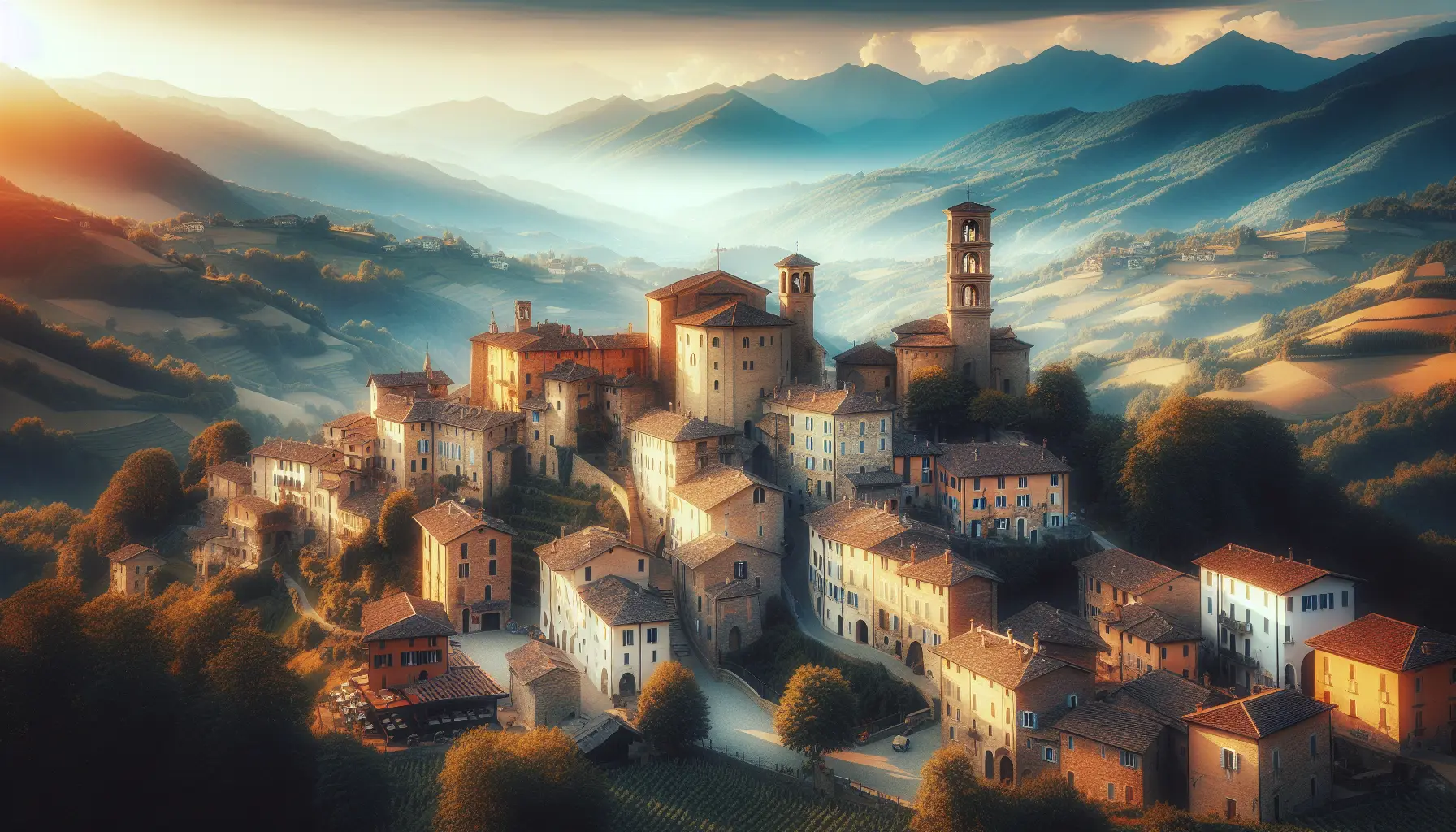 Vista panoramica del borgo di Monastero Bormida con il castello medievale e la torre campanaria sullo sfondo.