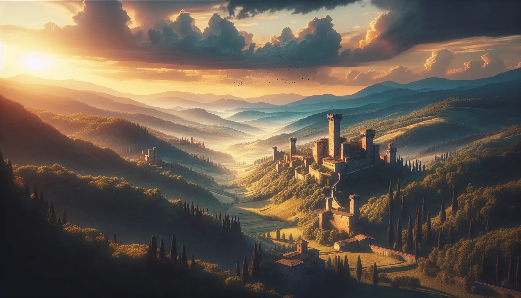 Panorama del Casentino con colline verdi e castelli medievali in lontananza.