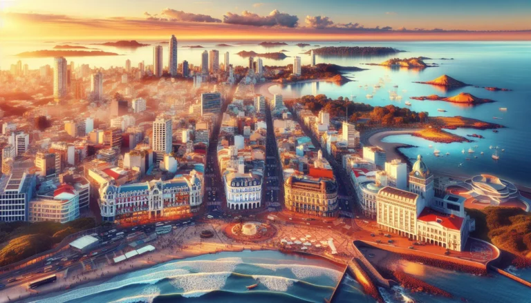 Una vista panoramica di Montevideo con il mare e le spiagge sullo sfondo