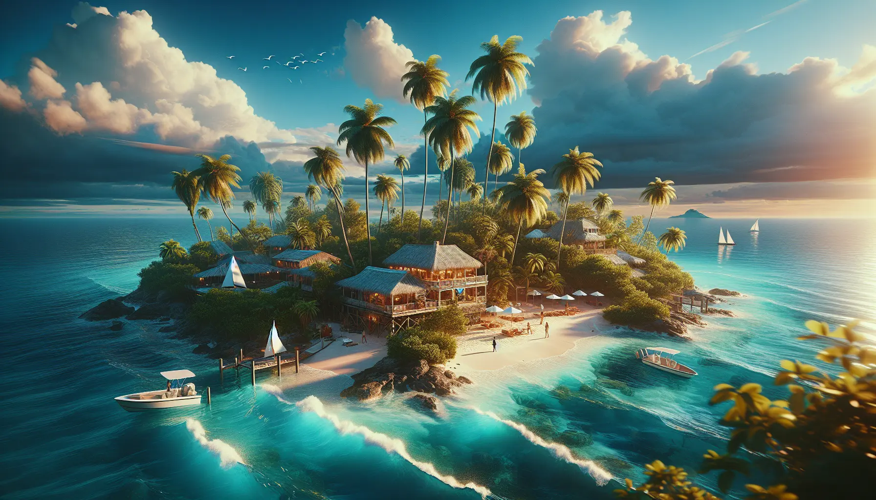 Vista panoramica di una spiaggia delle Bahamas con sabbia bianca e acque turchesi