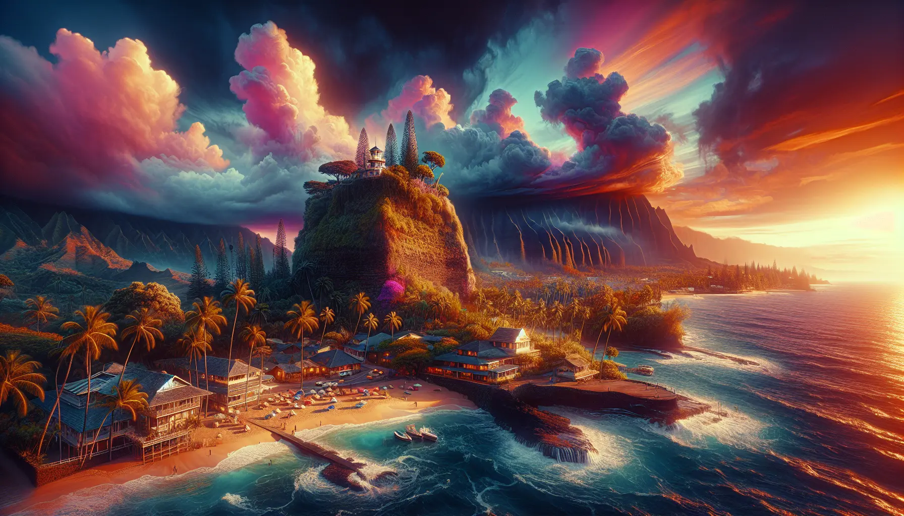 Spiaggia tropicale delle Hawaii con palme e acque cristalline