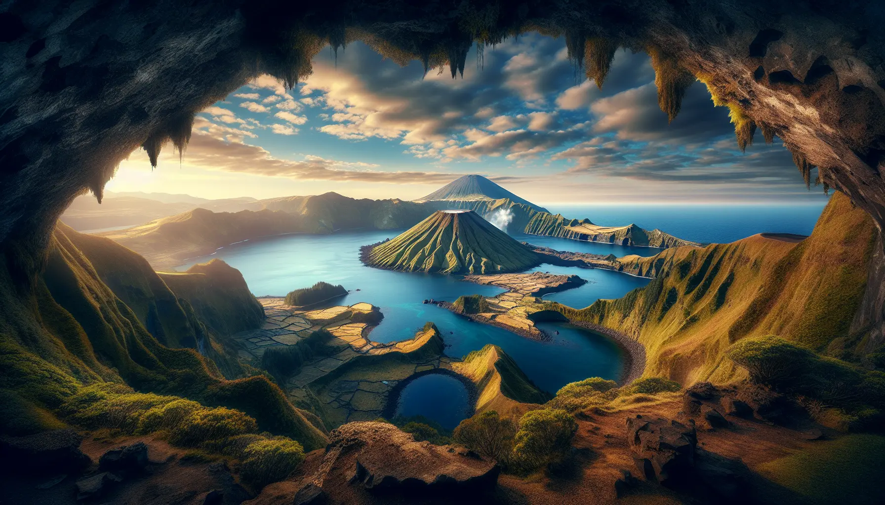 Vista panoramica del Lago delle Sete Cidades nelle Azzorre, con montagne circostanti e acque cristalline.