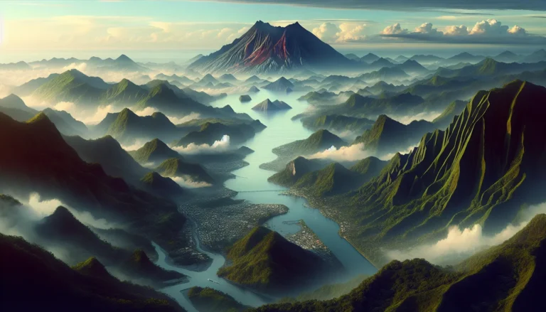 Vista panoramica del Soufrière Hills, il vulcano attivo di Montserrat, circondato da vegetazione lussureggiante e cenere vulcanica.