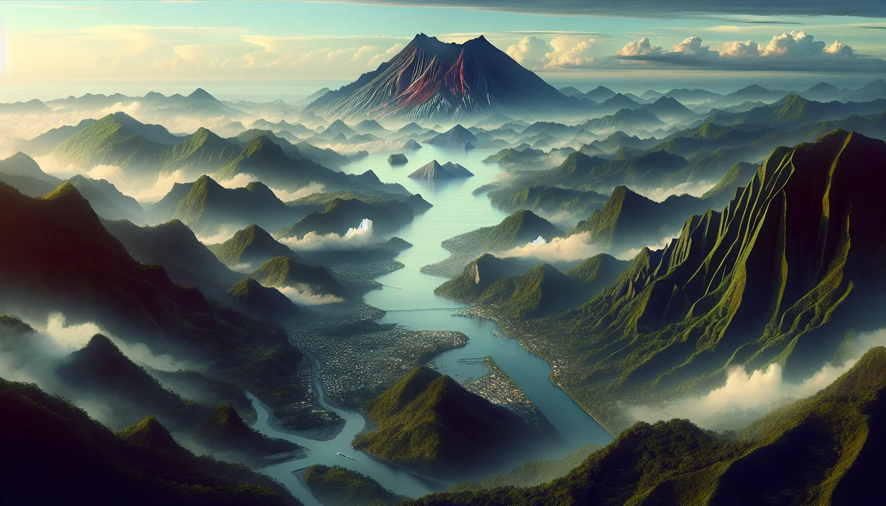Vista panoramica del Soufrière Hills, il vulcano attivo di Montserrat, circondato da vegetazione lussureggiante e cenere vulcanica.
