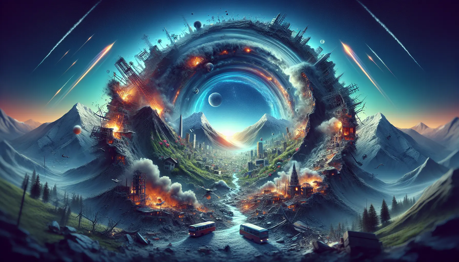 Panorama di una zona colpita da un terremoto, con edifici danneggiati e paesaggio alterato.