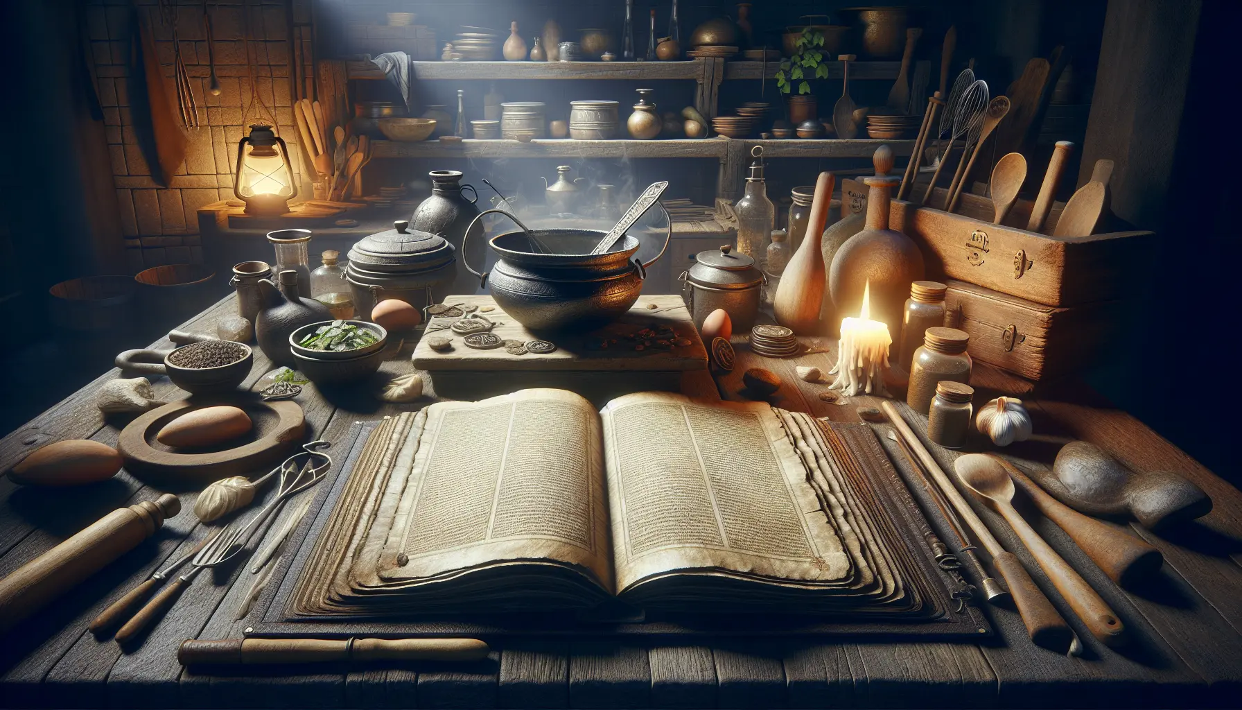 Un tavolo imbandito con piatti di ricette antiche e ingredienti freschi, simbolo della riscoperta delle tradizioni culinarie perdute.