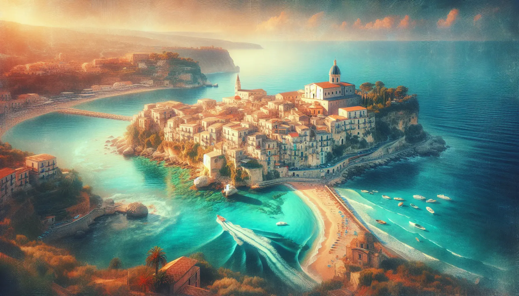 Vista panoramica di Tropea con il mare cristallino e la chiesa di Santa Maria dell'Isola sullo sfondo.