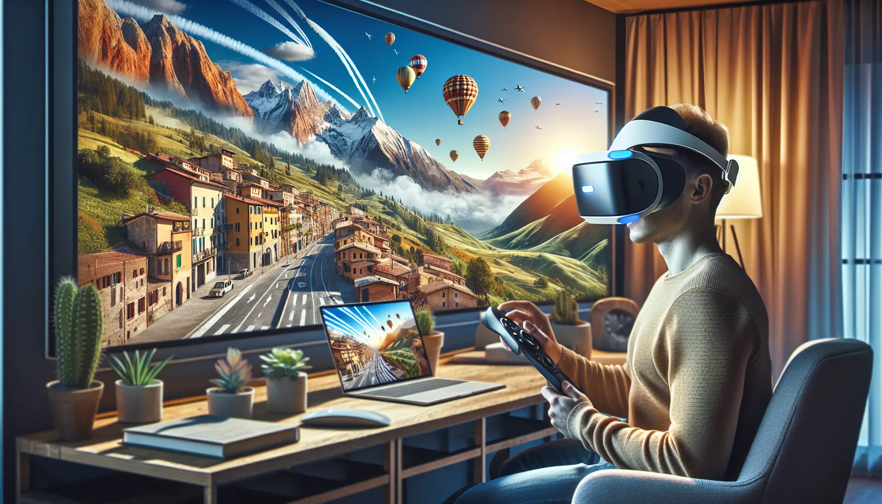 Un viaggiatore che esplora il mondo attraverso una piattaforma di realtà virtuale, circondato da immagini di diverse destinazioni iconiche.
