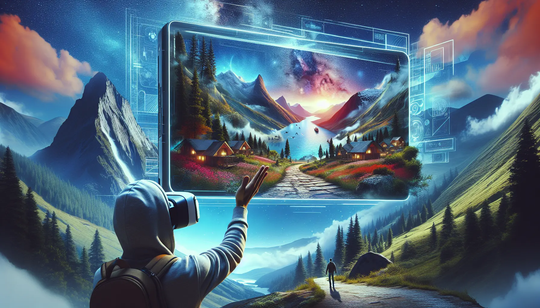 Un viaggio virtuale attraverso paesaggi naturali, mostrando montagne, foreste e laghi, immersi nella tecnologia moderna.