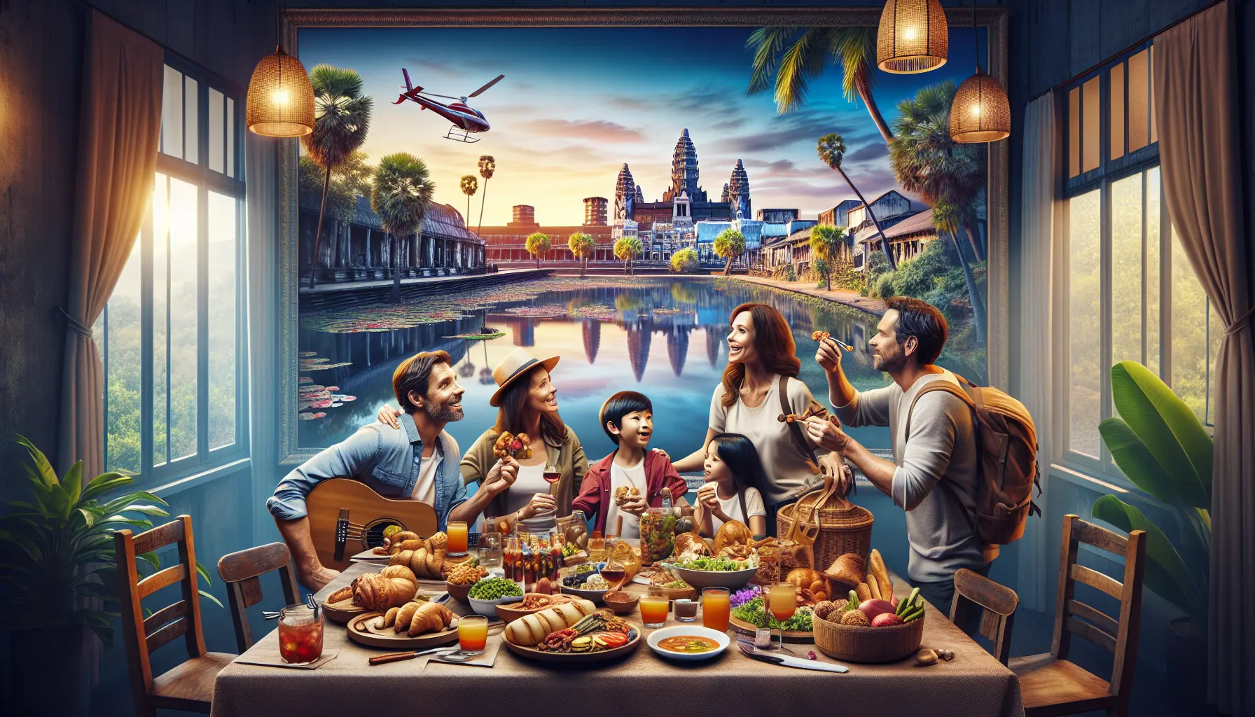 Famiglia che cucina insieme in un corso di cucina durante un viaggio gastronomico