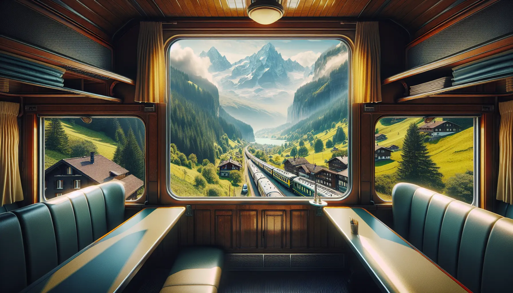 Un treno che attraversa un paesaggio montano con vista su valli e ghiacciai.