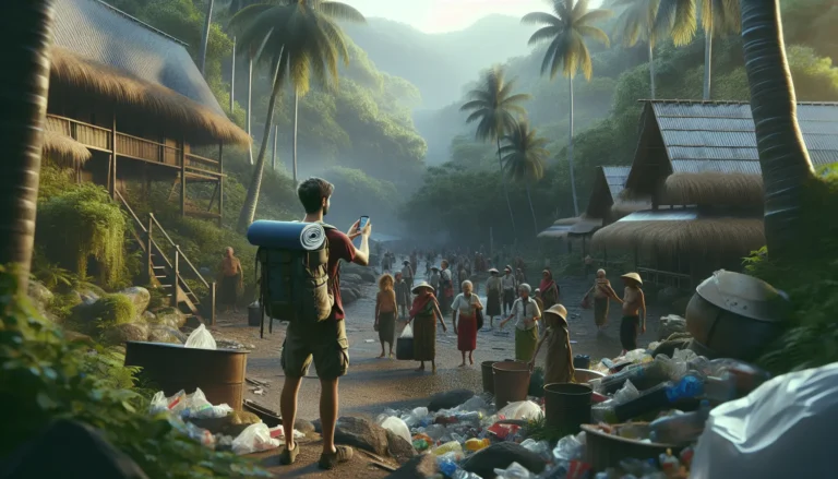 Giovane avventuriero che esplora un paesaggio naturale, simbolo di turismo sostenibile.