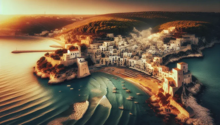 Vista panoramica delle spiagge di Vieste con il mare cristallino e il centro storico sullo sfondo.