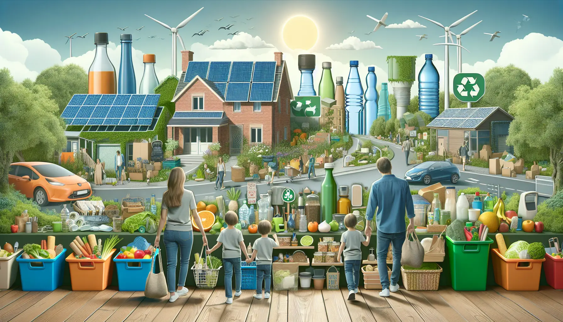Una famiglia impegnata in attività di riciclo e compostaggio nel proprio giardino, simbolo di un lifestyle sostenibile.