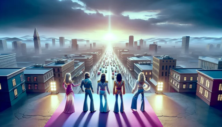 Immagine rappresentativa del gruppo musicale ABBA con i membri in abiti colorati durante una performance iconica.