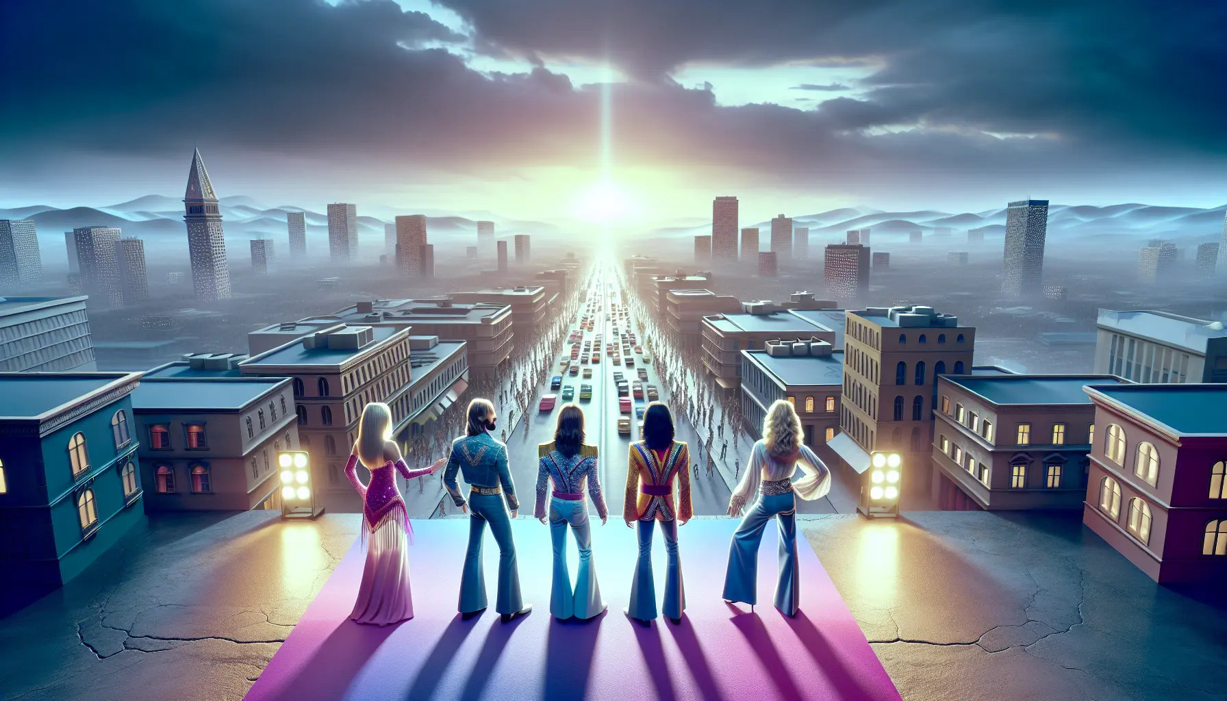 Immagine rappresentativa del gruppo musicale ABBA con i membri in abiti colorati durante una performance iconica.