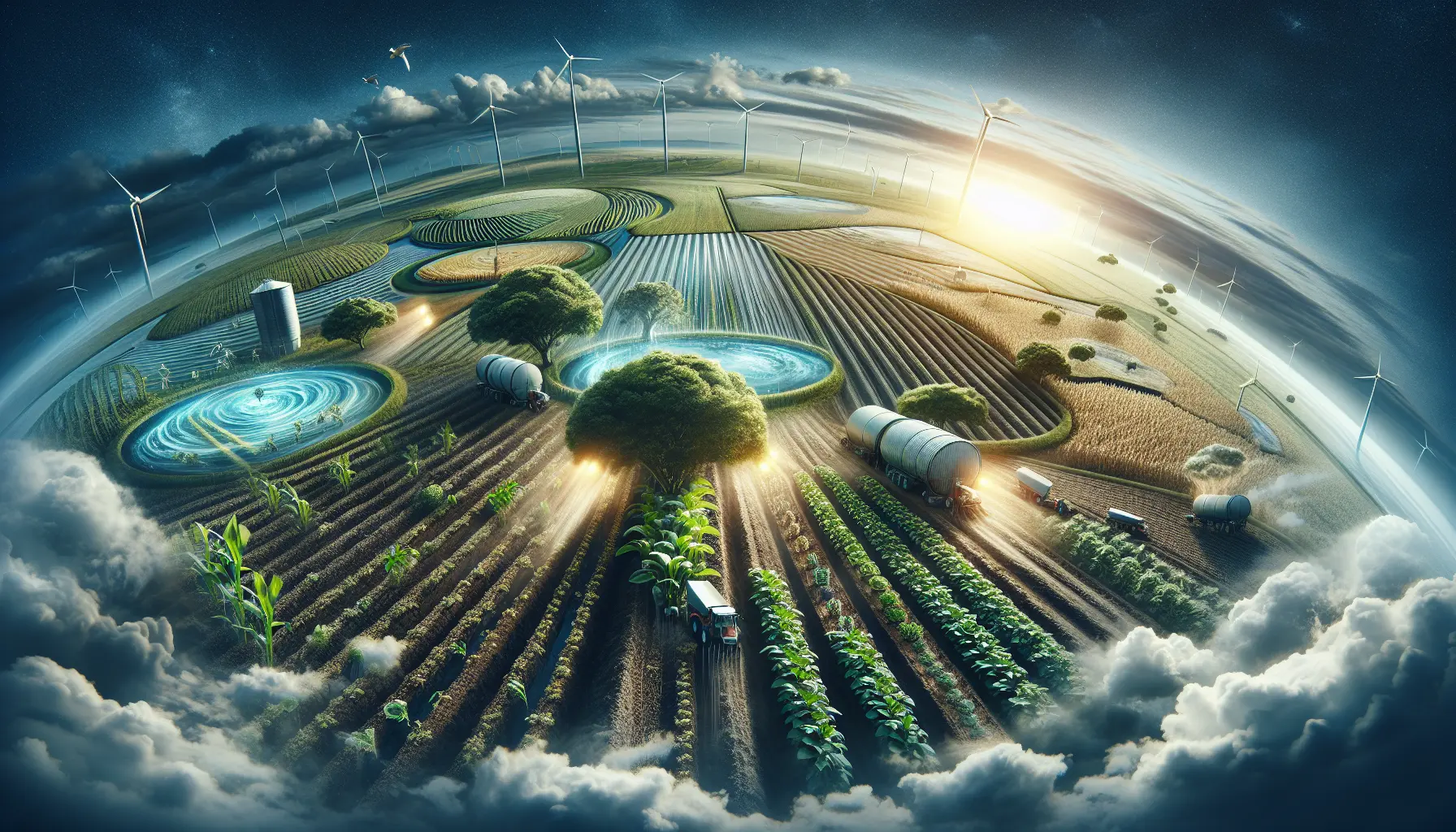 Un campo di grano rigenerativo con piante di copertura e un cielo blu sereno.