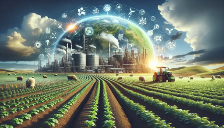 Campo agricolo rigenerativo con diverse colture e animali che coesistono in armonia