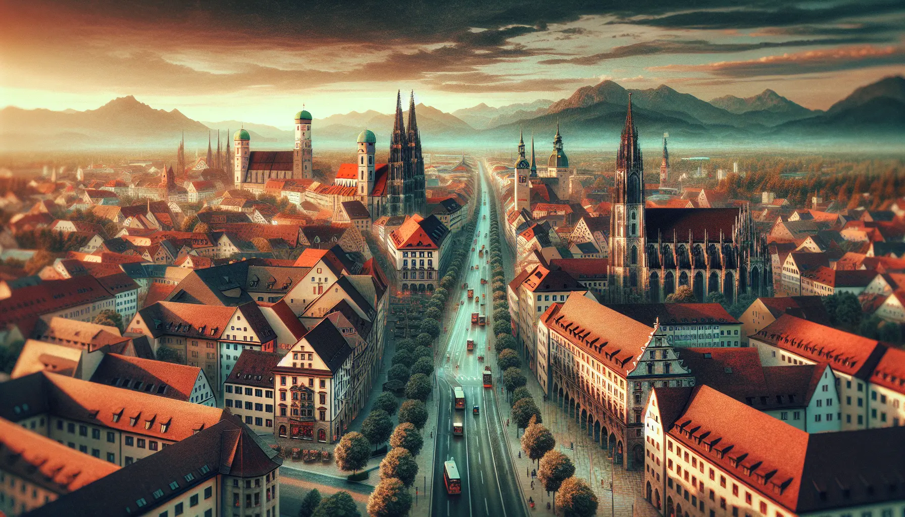 Vista panoramica di Augusta, con il Duomo e il fiume Lech sullo sfondo.