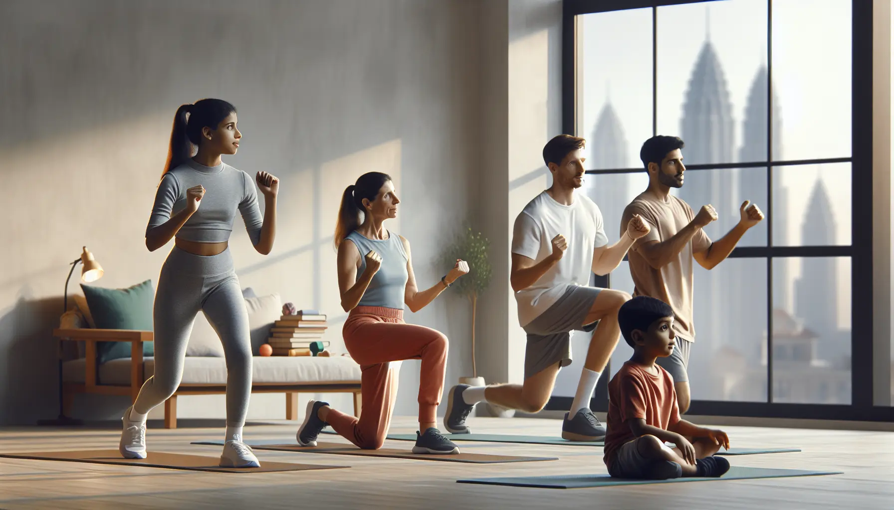 Una famiglia che si allena insieme con entusiasmo, praticando il metodo Tabata in un ambiente accogliente e confortevole.