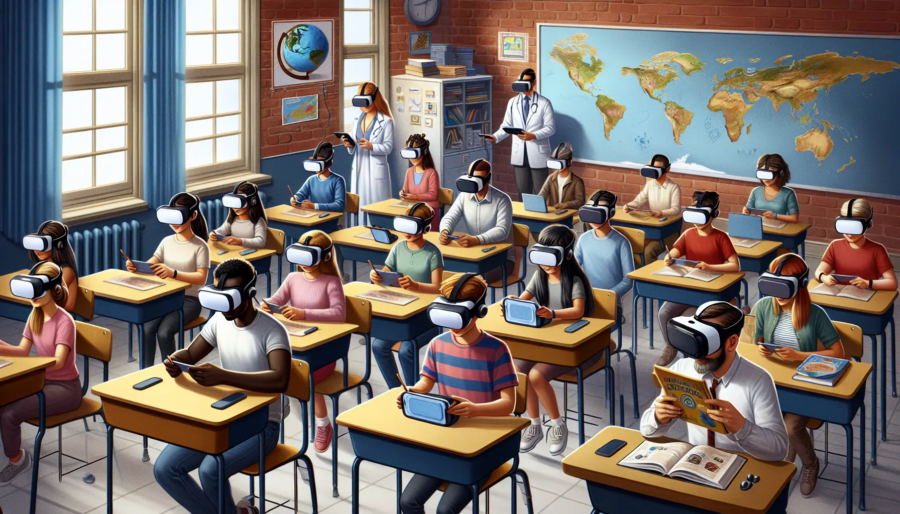 Studente che utilizza un visore di realtà virtuale in un'aula per un'esperienza di apprendimento immersivo.