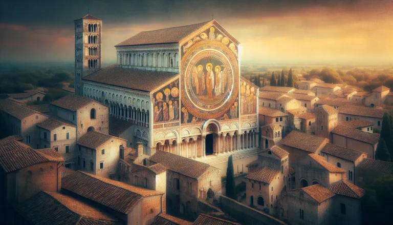 Vista panoramica della Basilica di Aquileia con i suoi mosaici storici e il campanile che svetta nel cielo.