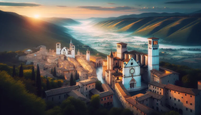 Vista panoramica di Assisi con la Basilica di San Francesco e le colline umbre sullo sfondo.