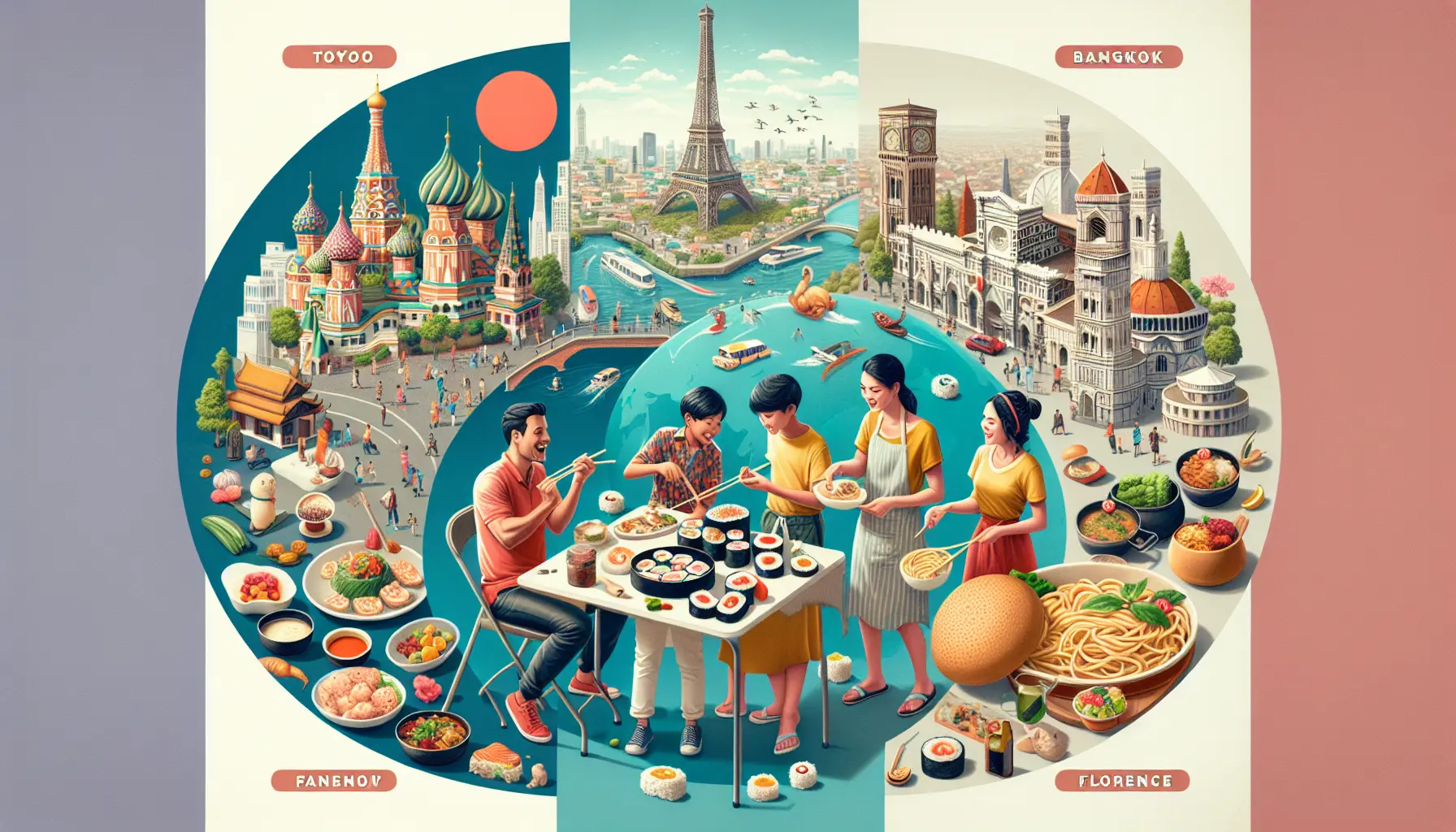 Un gruppo di famiglie che partecipa a un corso di cucina in un mercato locale, sorridendo mentre preparano piatti tipici.