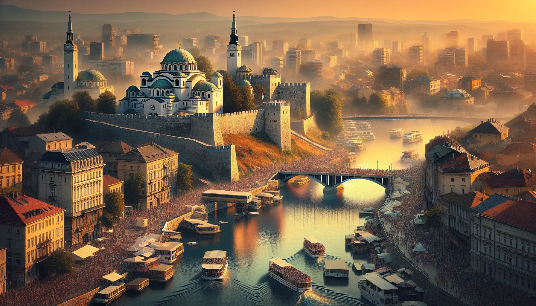 Panorama di Belgrado con il fiume Danubio e la fortezza di Kalemegdan sullo sfondo