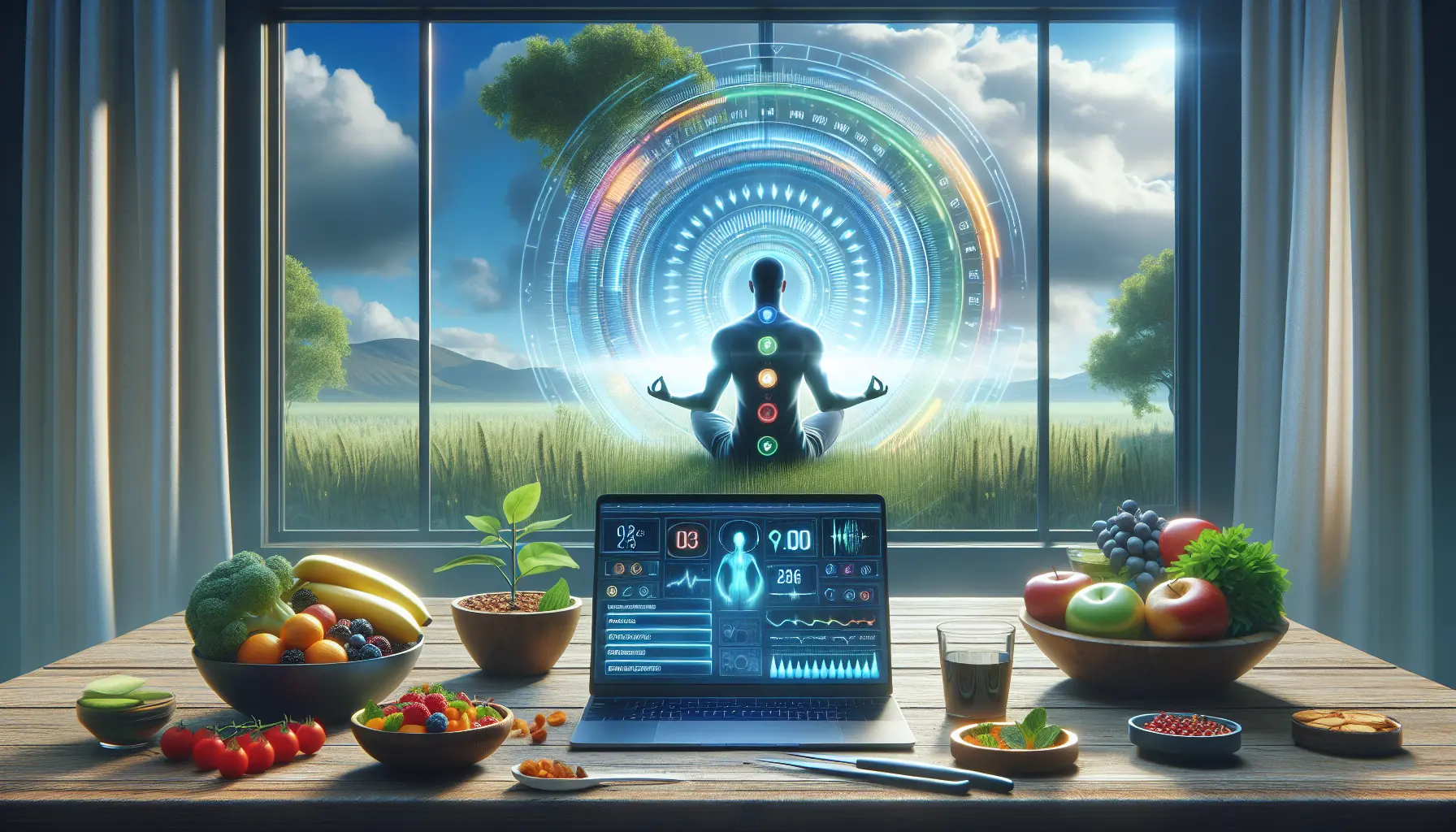 Immagine che rappresenta tecniche di biohacking per ottimizzare corpo e mente, con elementi di meditazione, alimentazione sana e tecnologia indossabile.