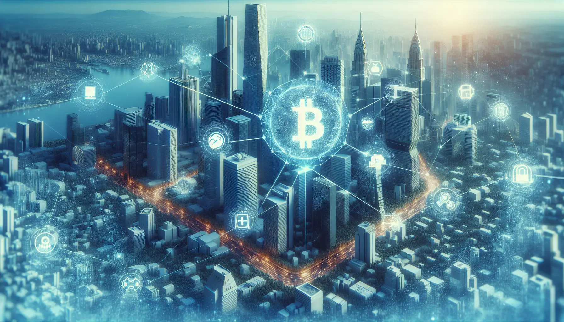 Un'immagine che rappresenta la tecnologia blockchain con una rete di nodi e blocchi, simbolo di connessione e sicurezza nei dati.