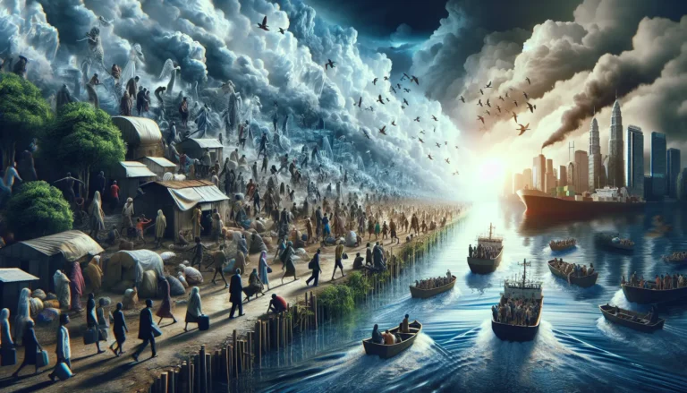 Persone in movimento a causa di eventi climatici estremi, rappresentando le sfide delle migrazioni climatiche.