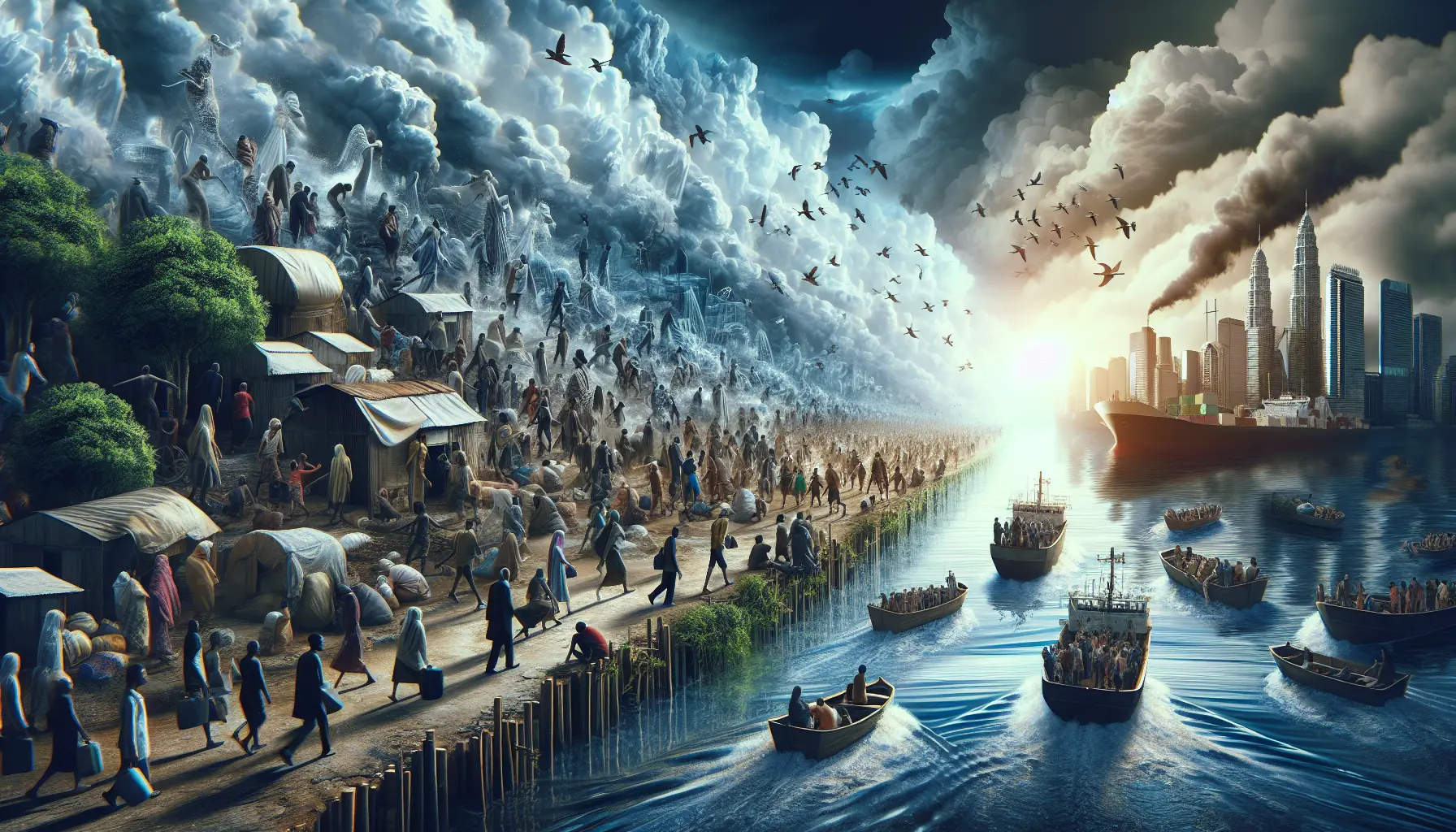 Persone in movimento a causa di eventi climatici estremi, rappresentando le sfide delle migrazioni climatiche.