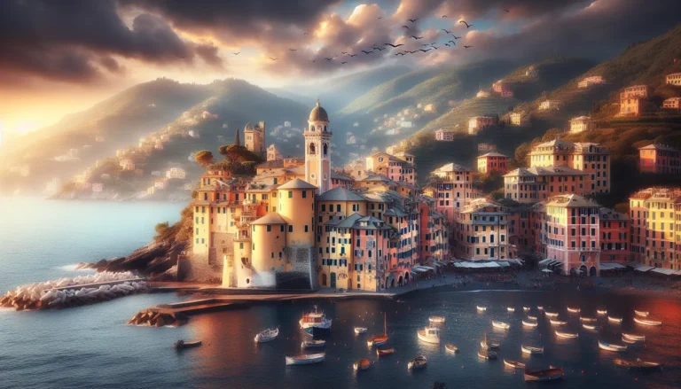 Vista panoramica del porto colorato di Camogli con le sue case storiche e il mare cristallino