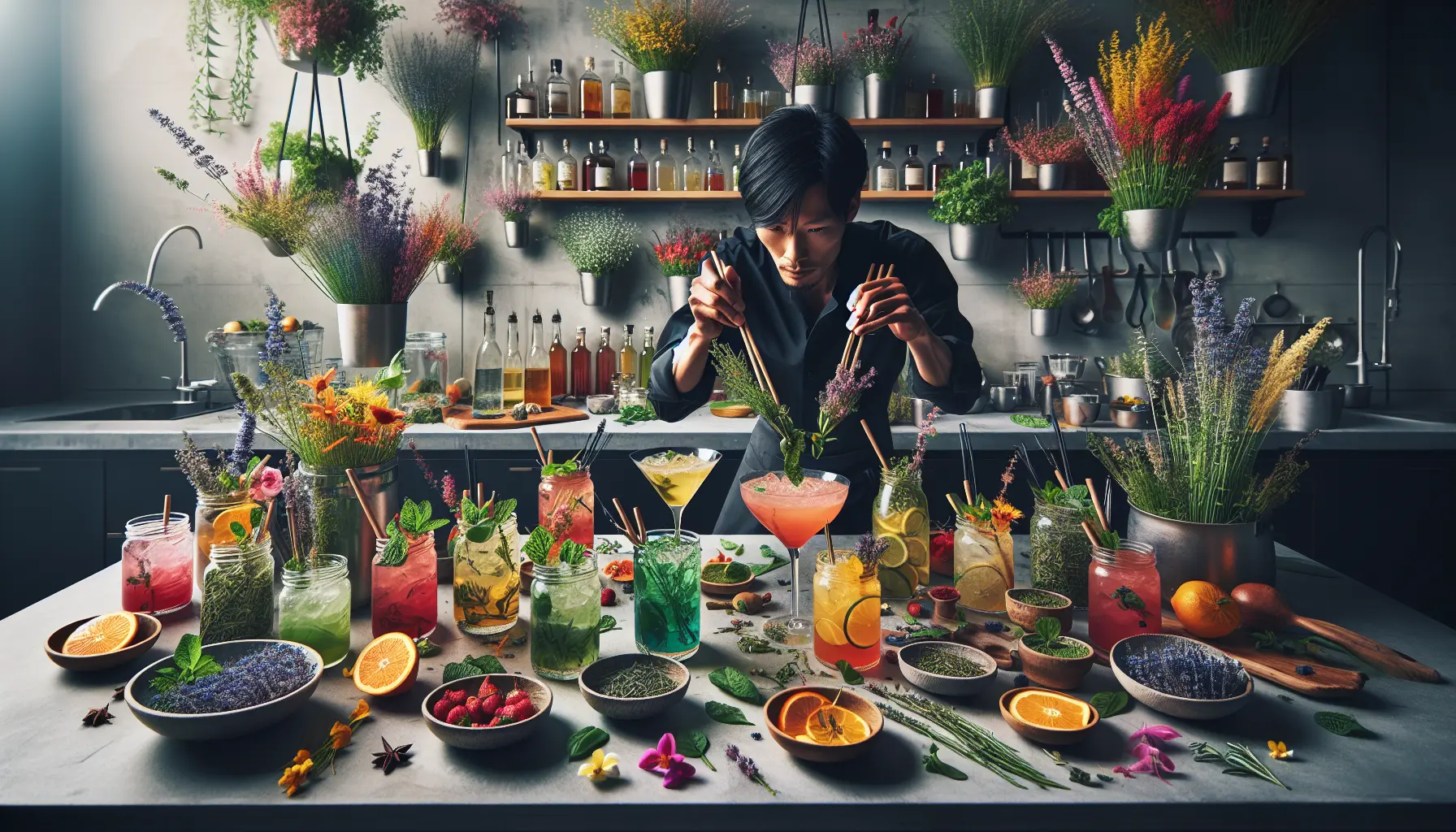 Un cocktail botanico decorato con erbe fresche e fiori colorati, servito in un bicchiere elegante.