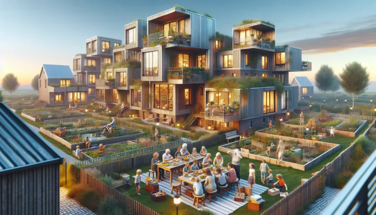 Persone che condividono momenti di vita in una comunità di cohousing, circondati da spazi verdi e aree comuni.