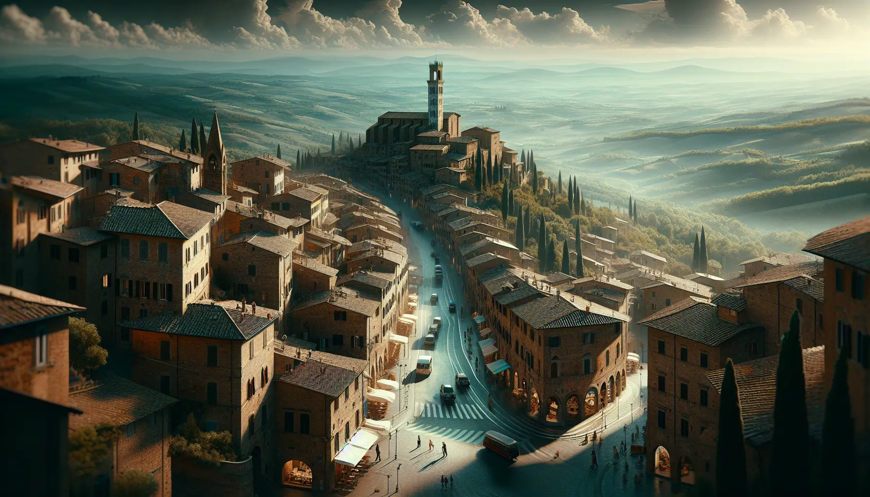 Vista panoramica di Cortona con le sue strade medievali e il paesaggio toscano circostante.