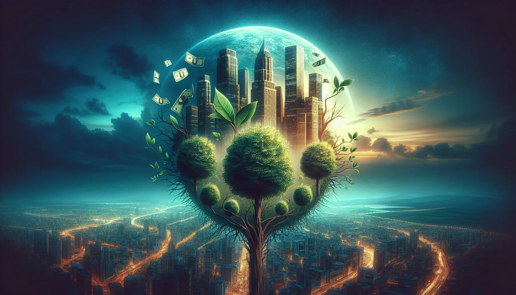 Un grafico che rappresenta la crescita di un portafoglio di investimento sostenibile, con elementi naturali che simboleggiano l'armonia tra finanza e ambiente.