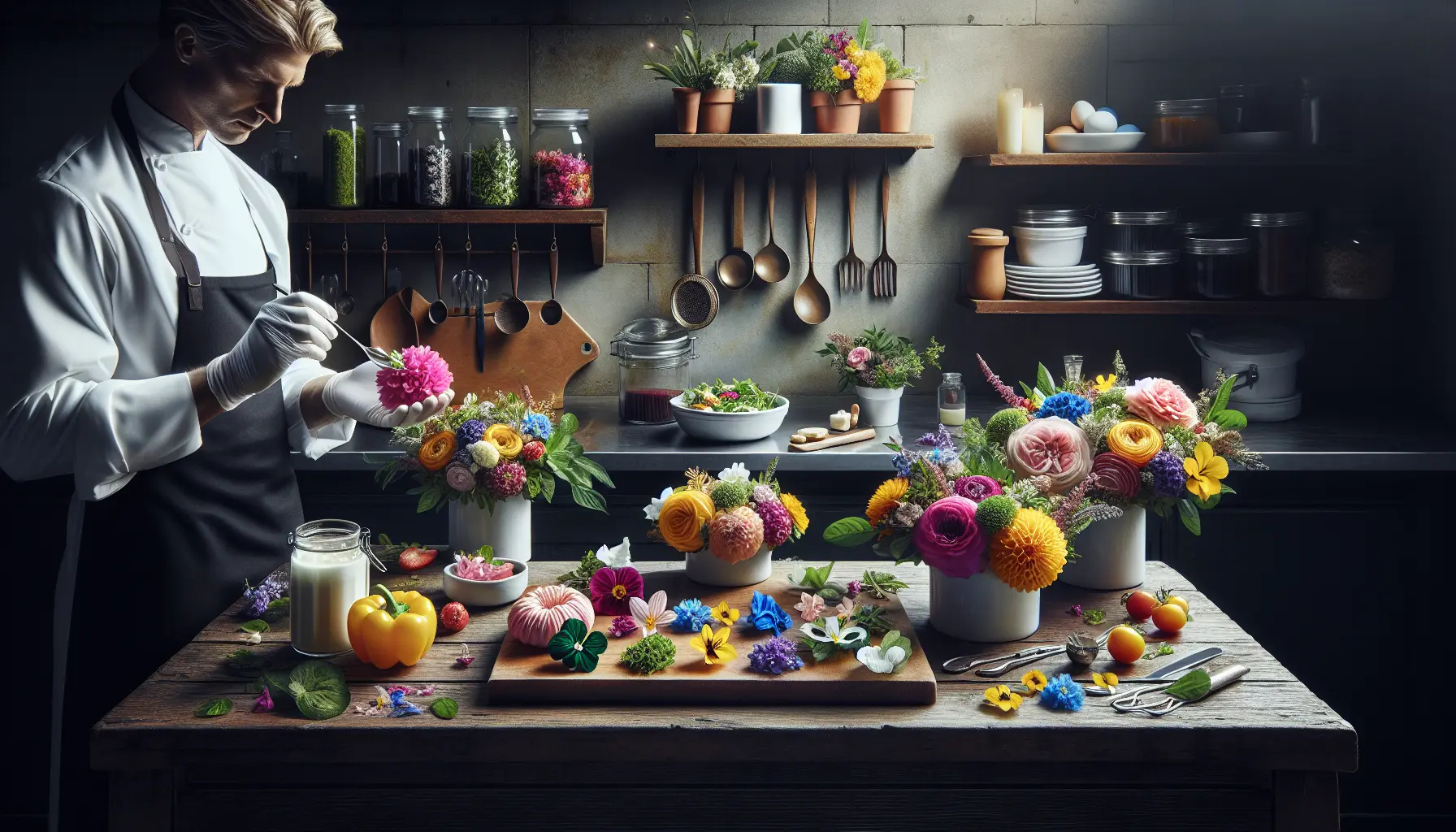 Un piatto gourmet decorato con fiori commestibili, che mostra la bellezza e la creatività della cucina floreale.
