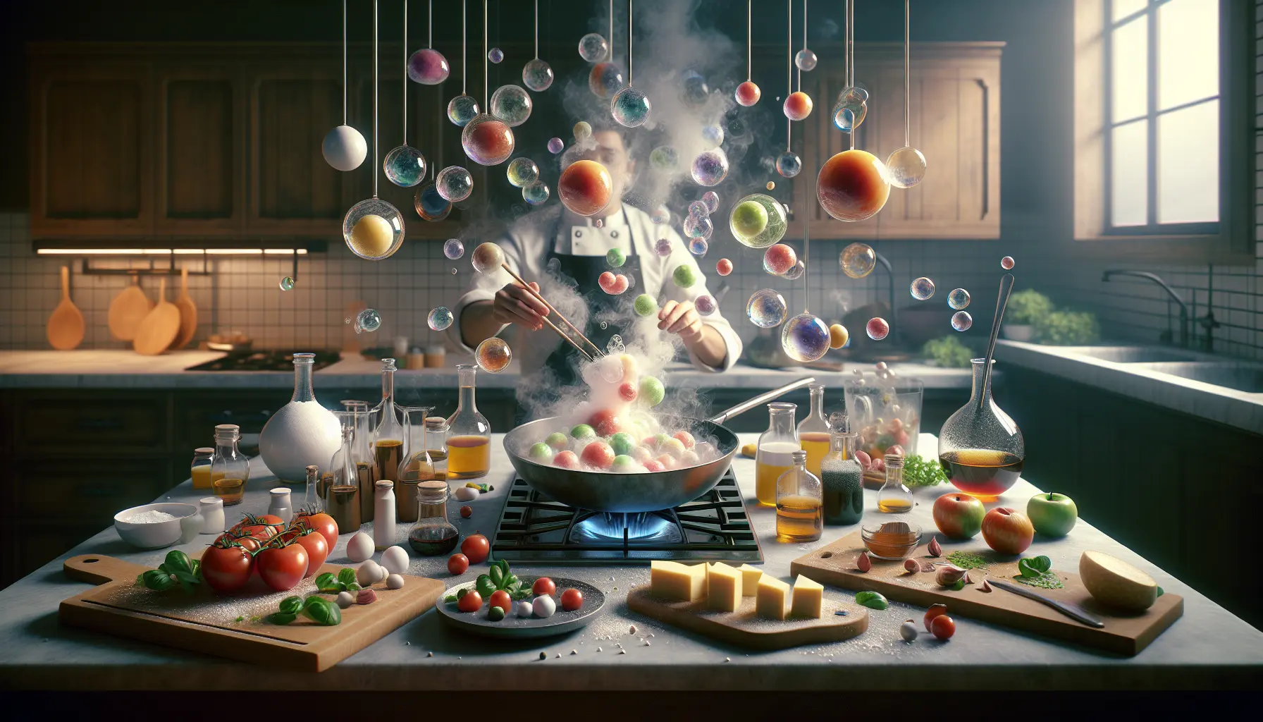 Piatto di cucina molecolare con sferificazione di succo di frutta e schiuma colorata
