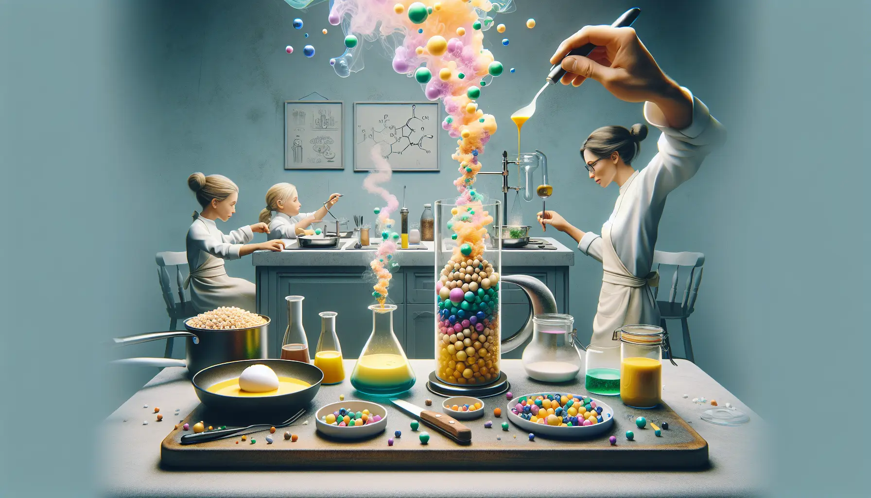 Un piatto di cucina molecolare con sfere di frutta e schiuma di pomodoro