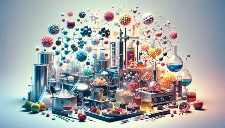 Un piatto di cucina molecolare con sfere di sapore e schiume colorate, presentato artisticamente su un tavolo elegante.